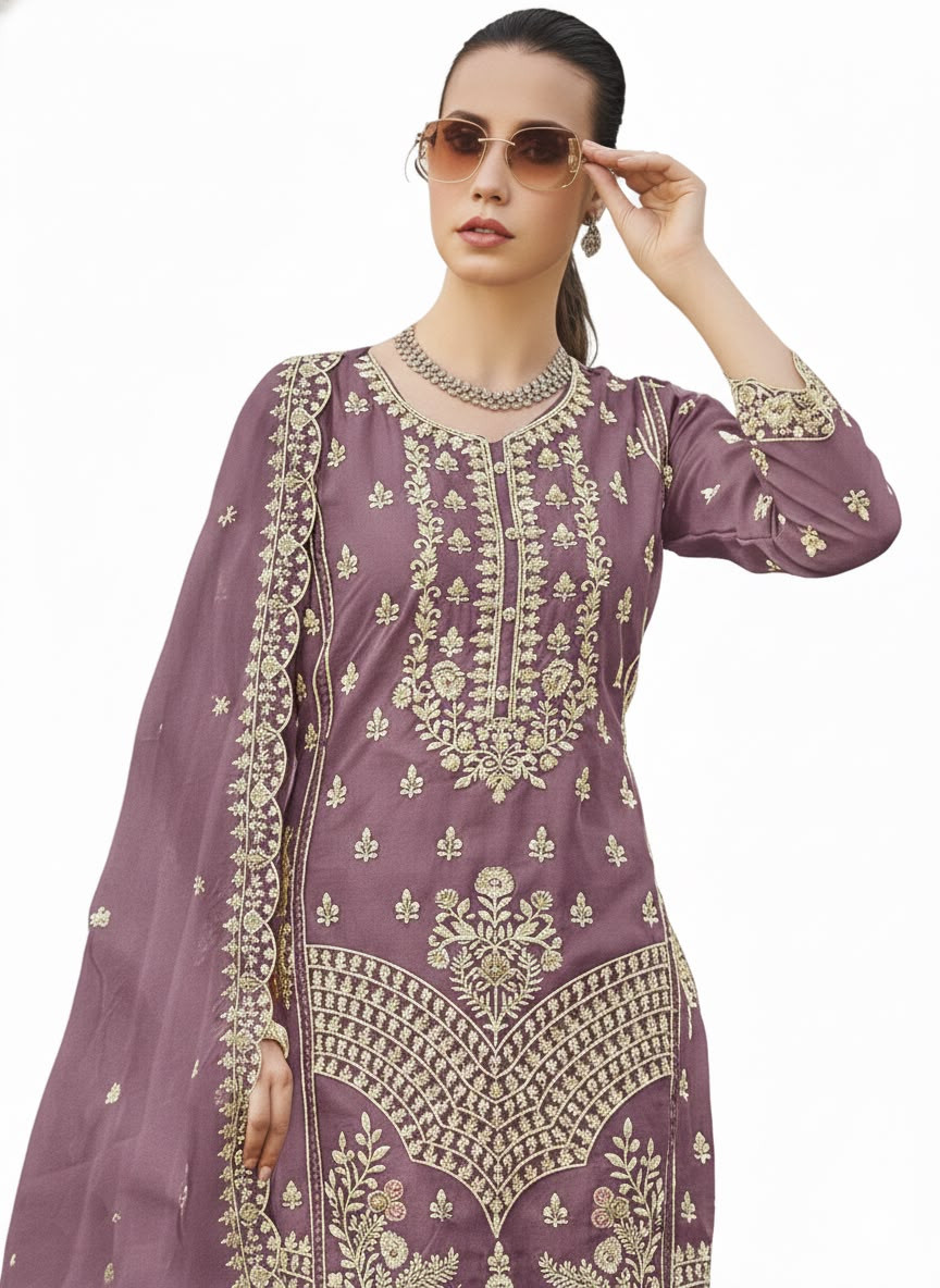 Women's Mauve Organza Unstitched Embroidered 3-Piece Suit | Premium Festive & Wedding Wear (Unstiched)