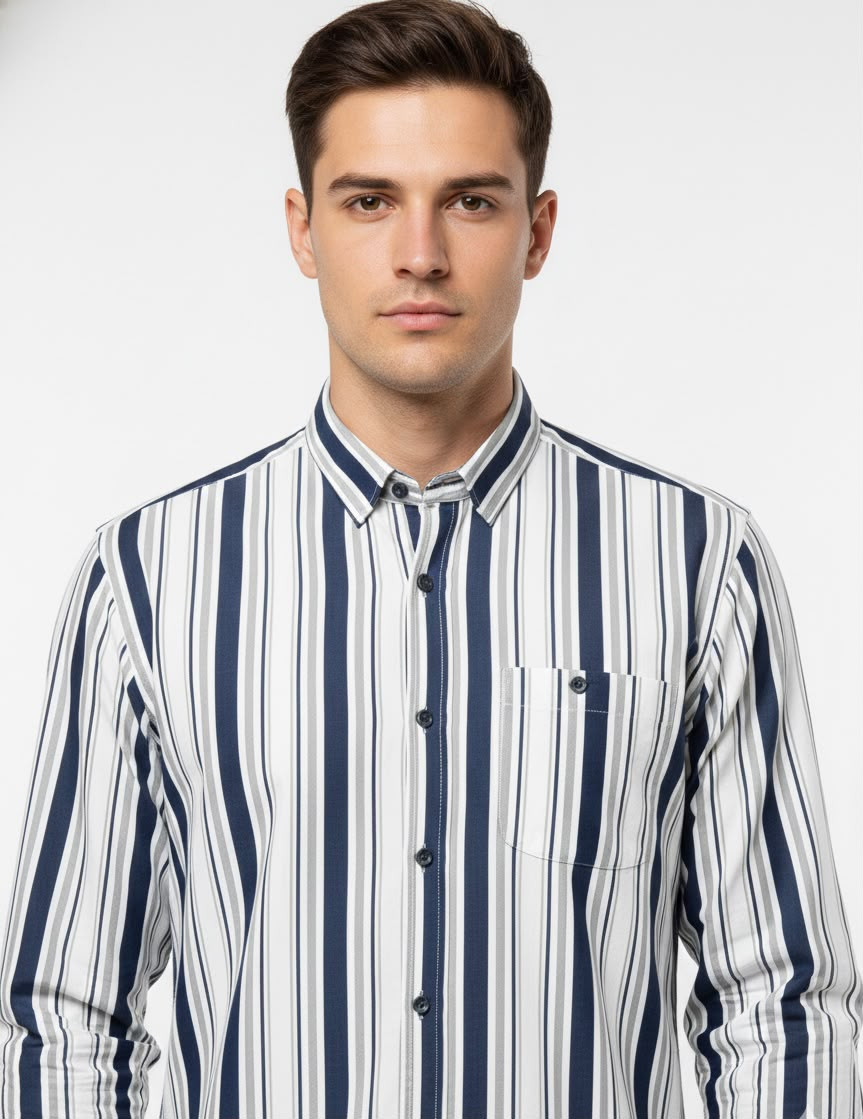 Men's White & Blue Vertical Striped Casual Shirt | Premium Cotton Blend | Full Sleeve Button-Up
