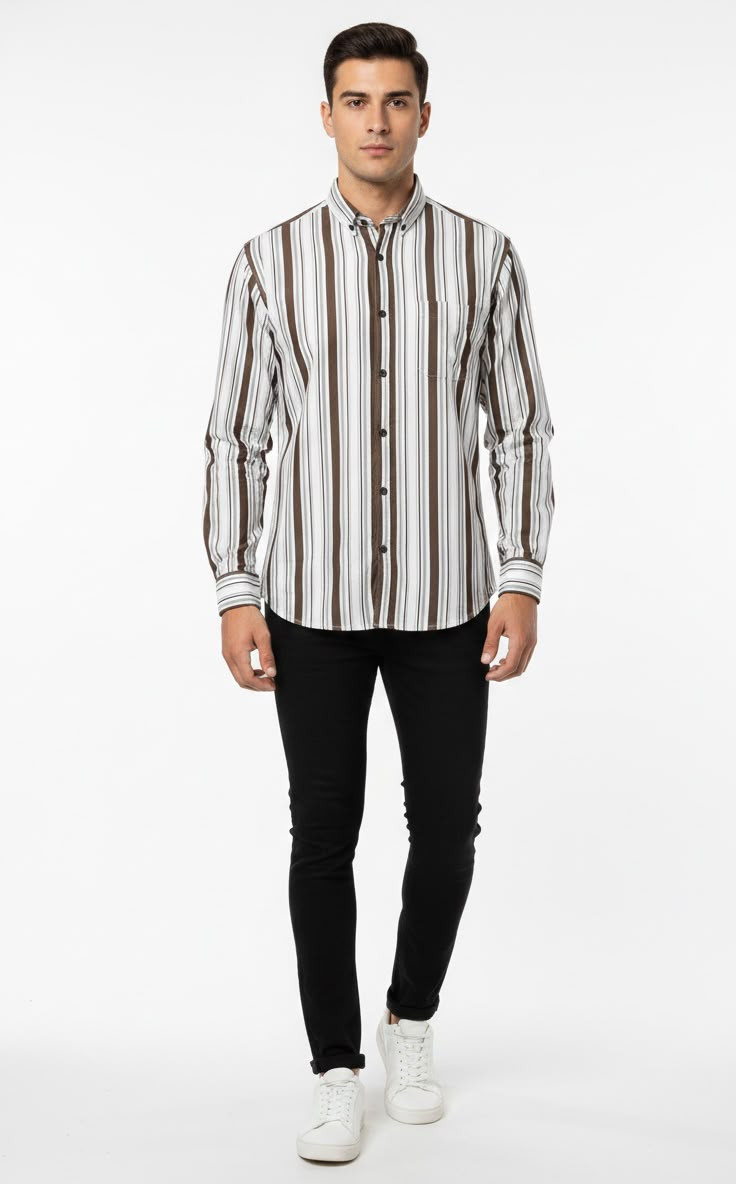 Men's White, Brown & Grey Vertical Striped Casual Shirt | Premium Cotton Blend | Full Sleeve Button-Up