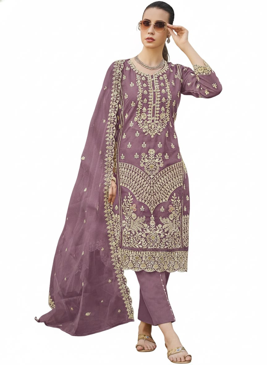 Women's Mauve Organza Unstitched Embroidered 3-Piece Suit | Premium Festive & Wedding Wear (Unstiched)