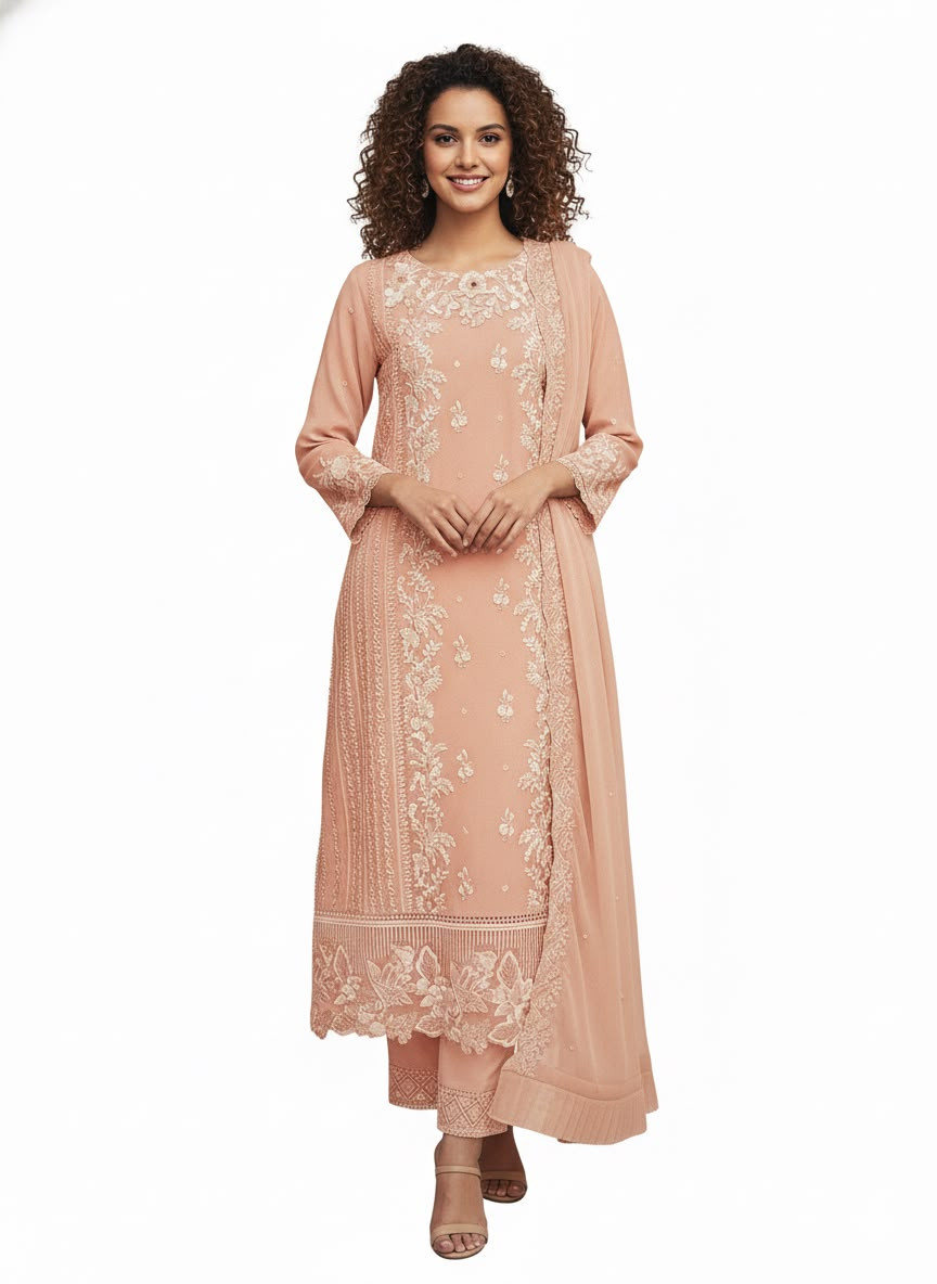 Women's Peach Organza Embroidered 3-Piece Suit | Premium Festive & Wedding Wear (Unstiched)
