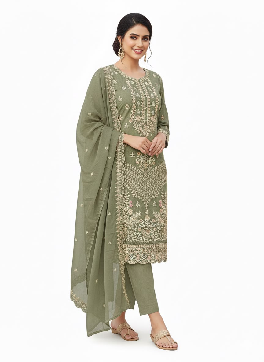 Women's Olive Green Organza Unstitched Embroidered 3-Piece Suit | Premium Festive & Wedding Wear (Unstiched)