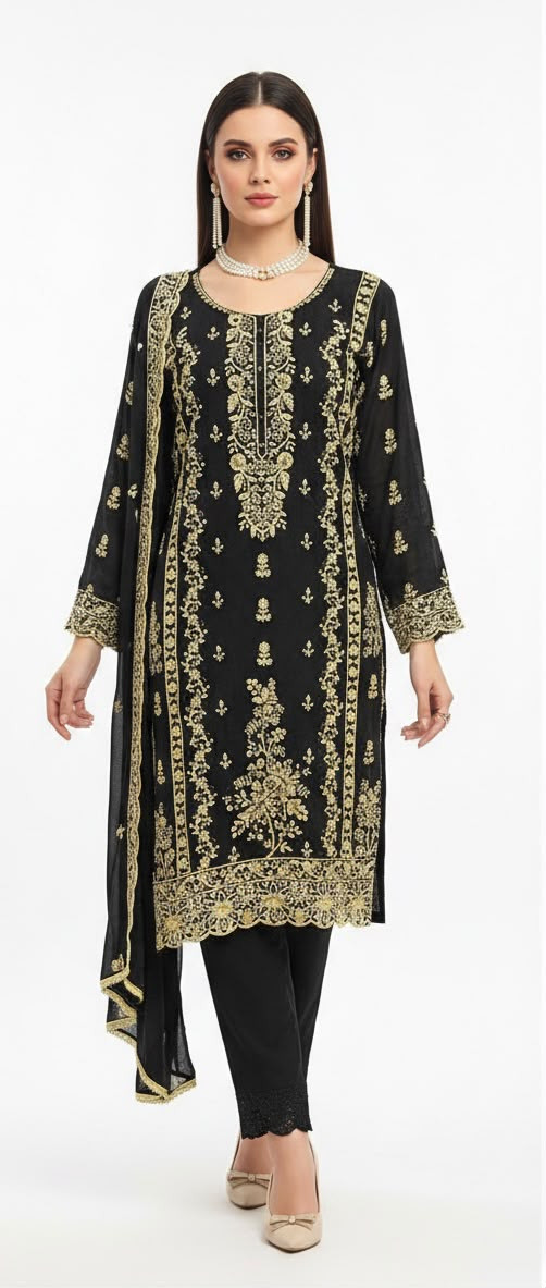 Women's Black Organza Embroidered 3-Piece Suit | Premium Festive & Party Wear (unstiched)
