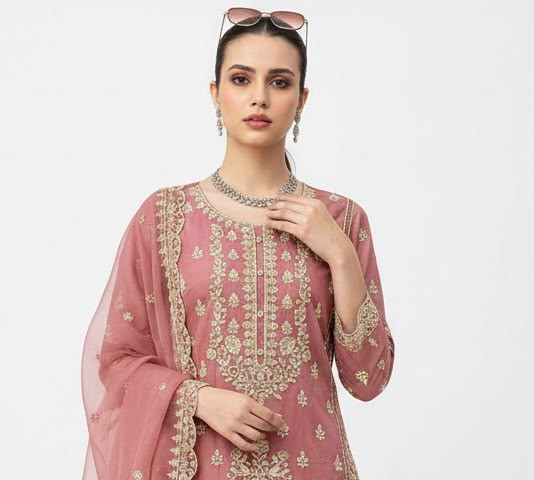 Women's Dusty Rose Organza Unstitched Embroidered 3-Piece Suit | Premium Festive & Wedding Wear (Unstiched)