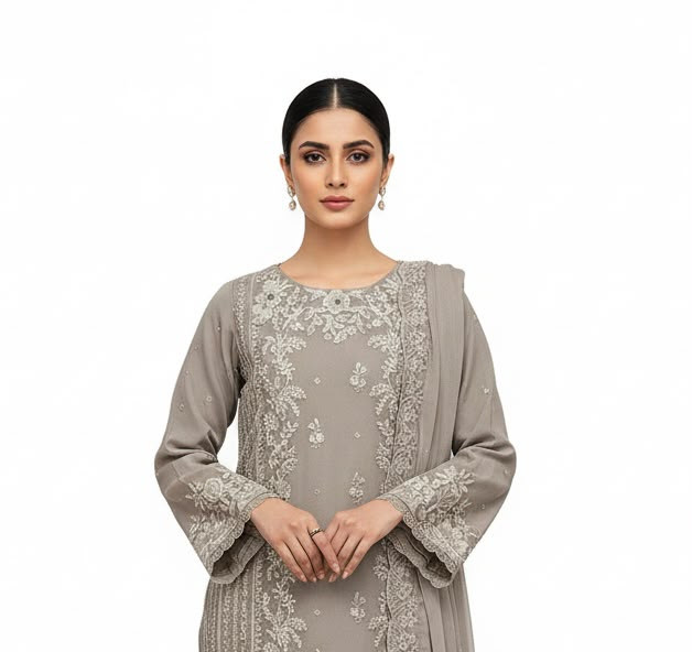 Women's Taupe Grey Organza Unstitched Embroidered 3-Piece Suit | Premium Festive & Wedding Wear (Unstiched)