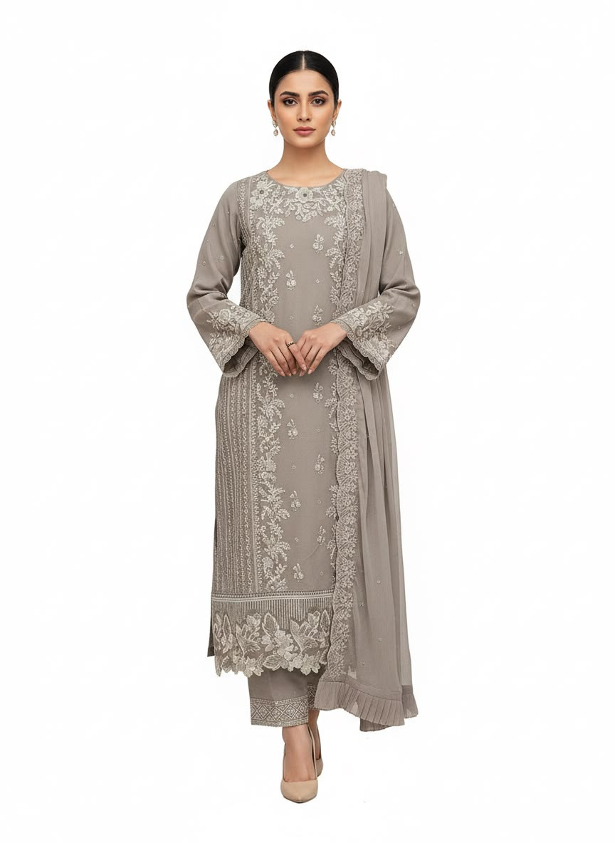 Women's Taupe Grey Organza Unstitched Embroidered 3-Piece Suit | Premium Festive & Wedding Wear (Unstiched)
