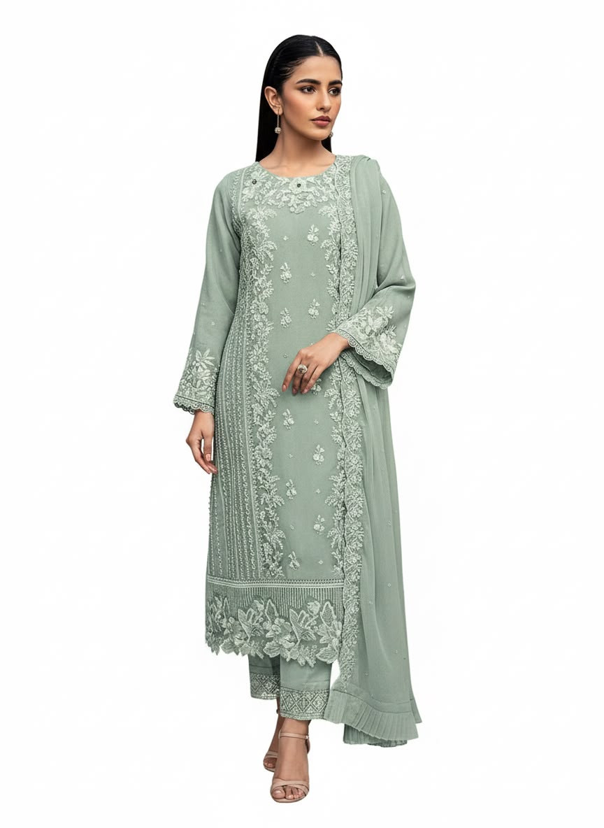 Women's Sage Green Organza Embroidered 3-Piece Suit | Premium Festive & Wedding Wear (Unstiched)