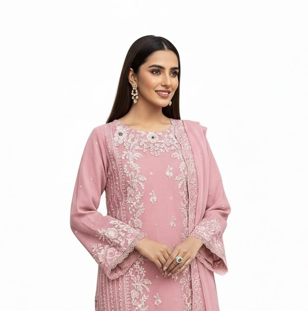 Women's Blush Pink Organza Embroidered 3-Piece Suit | Premium Festive & Party Wear (unstiched)