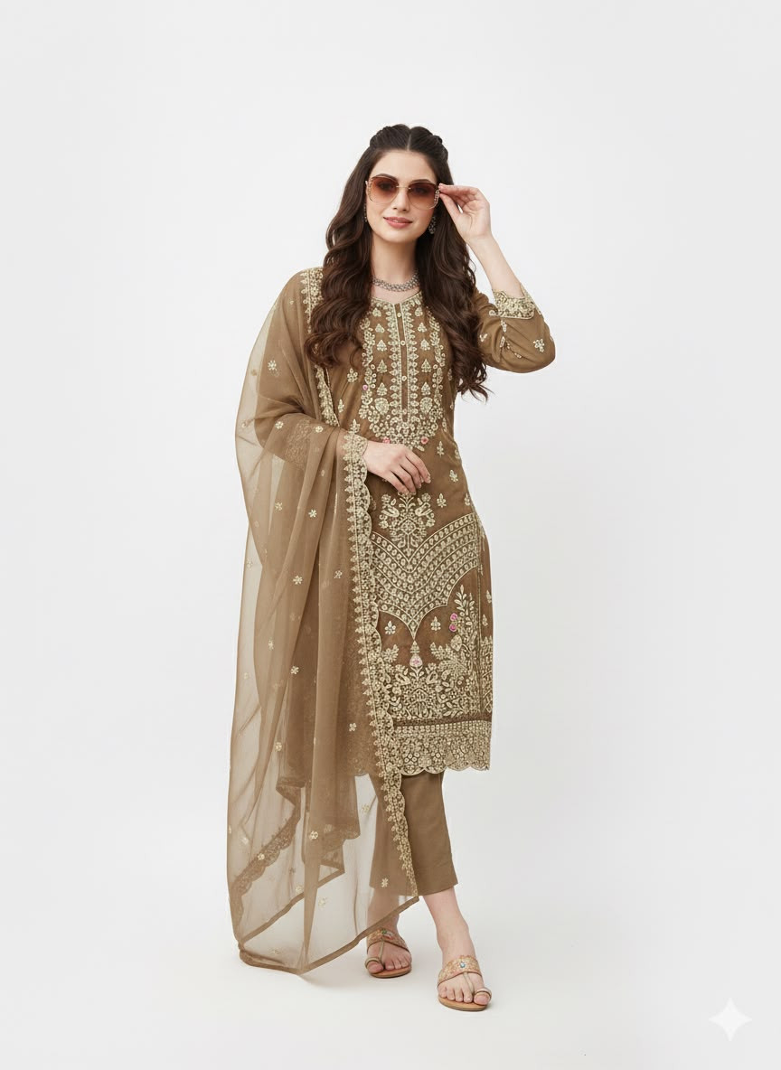 Women's Olive Brown Organza Unstitched Embroidered 3-Piece Suit | Premium Festive & Wedding Wear (Unstiched)