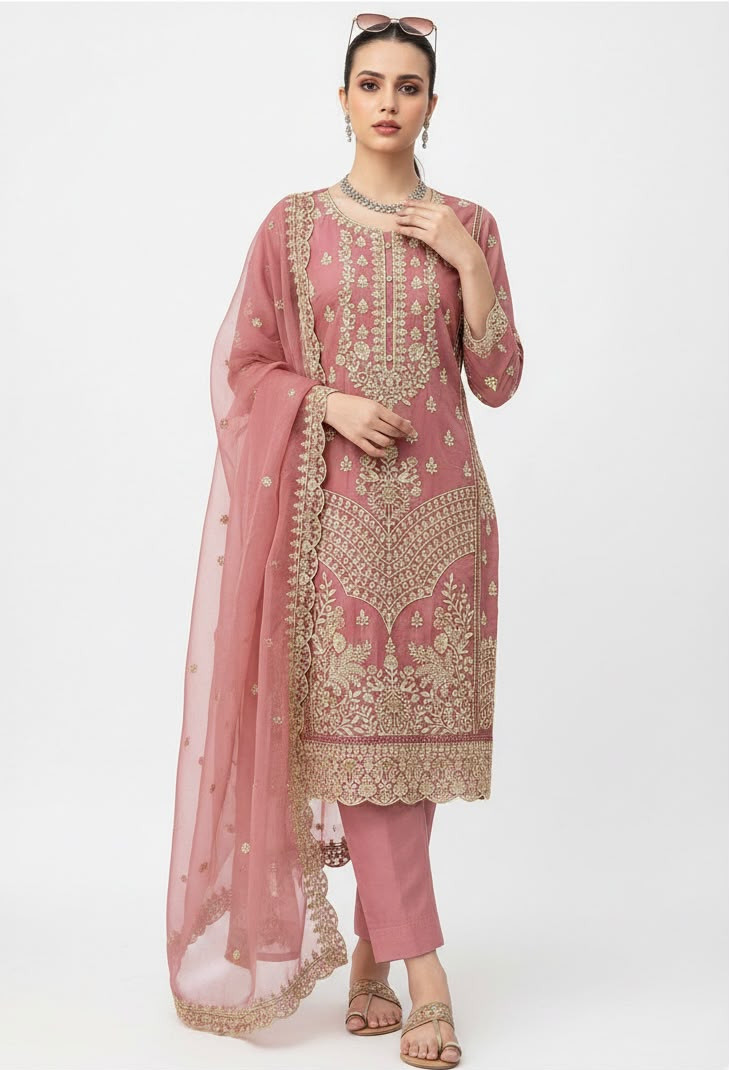 Women's Dusty Rose Organza Unstitched Embroidered 3-Piece Suit | Premium Festive & Wedding Wear (Unstiched)