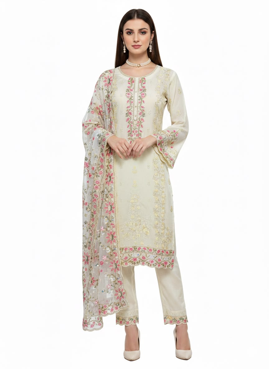 Women's Ivory Organza Embroidered 3-Piece Suit | Premium Festive & Wedding Wear (unstiched)