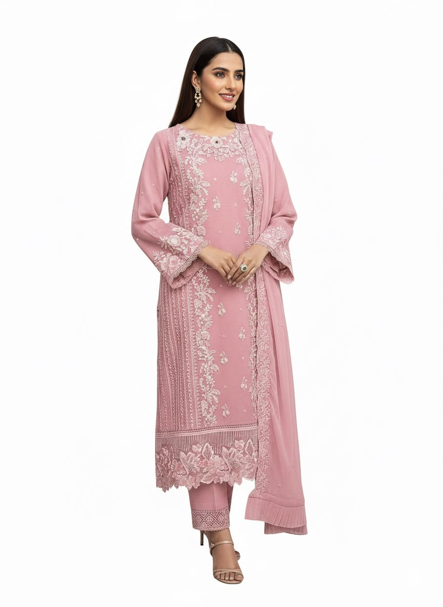 Women's Blush Pink Organza Embroidered 3-Piece Suit | Premium Festive & Party Wear (unstiched)