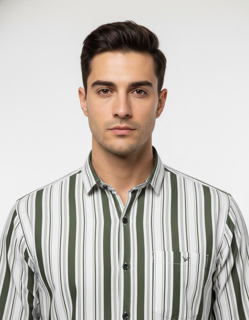 Men's White & Green Vertical Striped Casual Shirt | Premium Cotton Blend | Full Sleeve Button-Up