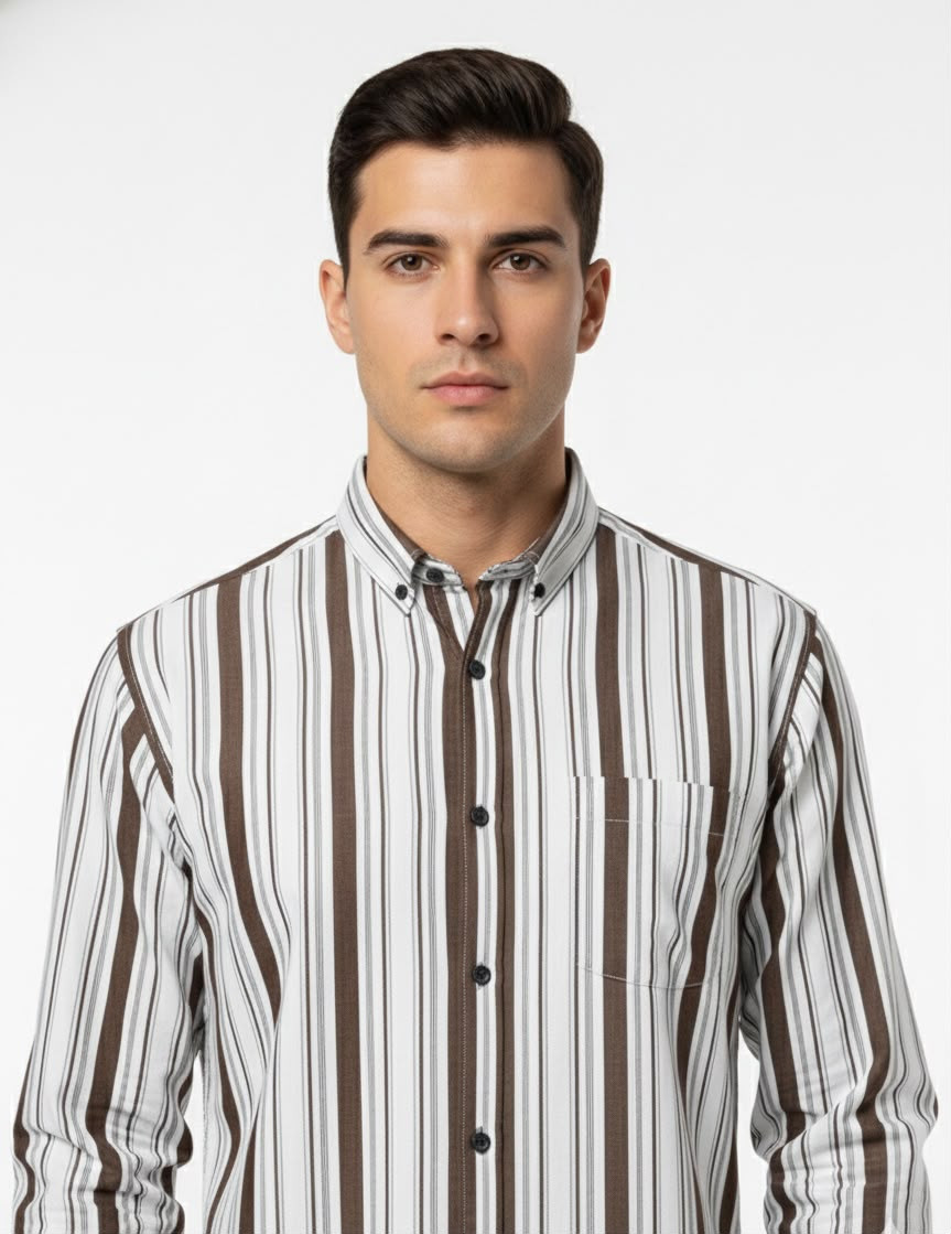 Men's White, Brown & Grey Vertical Striped Casual Shirt | Premium Cotton Blend | Full Sleeve Button-Up