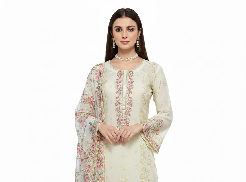 Women's Ivory Organza Embroidered 3-Piece Suit | Premium Festive & Wedding Wear (unstiched)