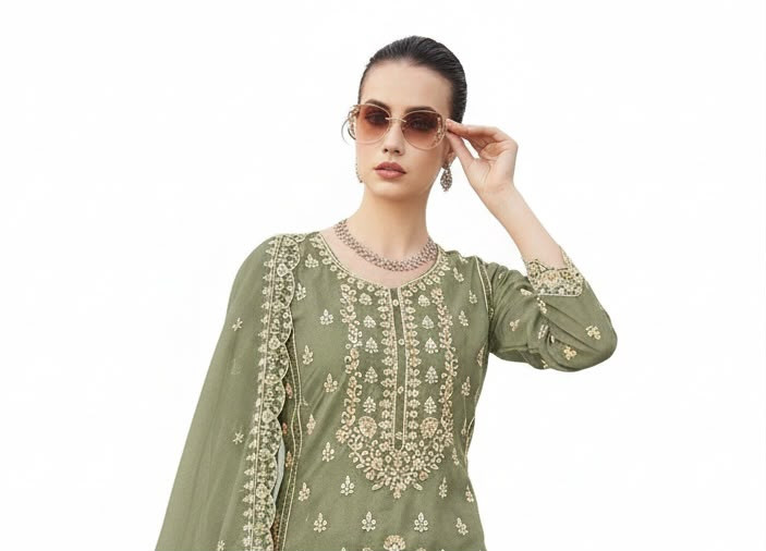 Women's Olive Green Organza Unstitched Embroidered 3-Piece Suit | Premium Festive & Wedding Wear (Unstiched)