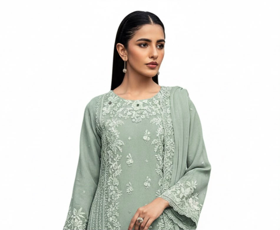 Women's Sage Green Organza Embroidered 3-Piece Suit | Premium Festive & Wedding Wear (Unstiched)