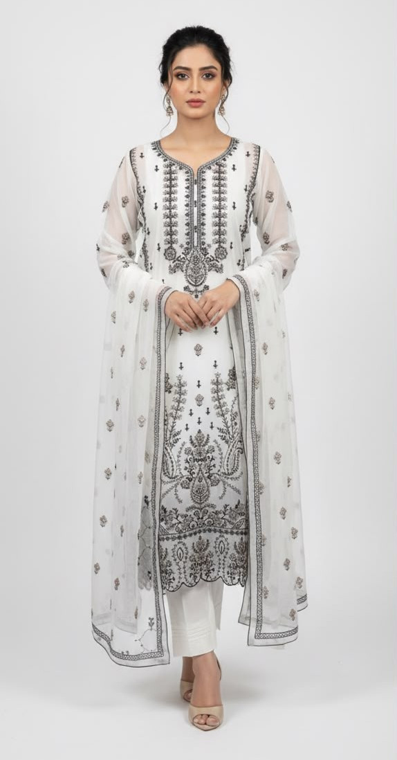 Women's White Organza Unstitched Embroidered 3-Piece Suit | Premium Festive & Wedding Wear (Unstiched)